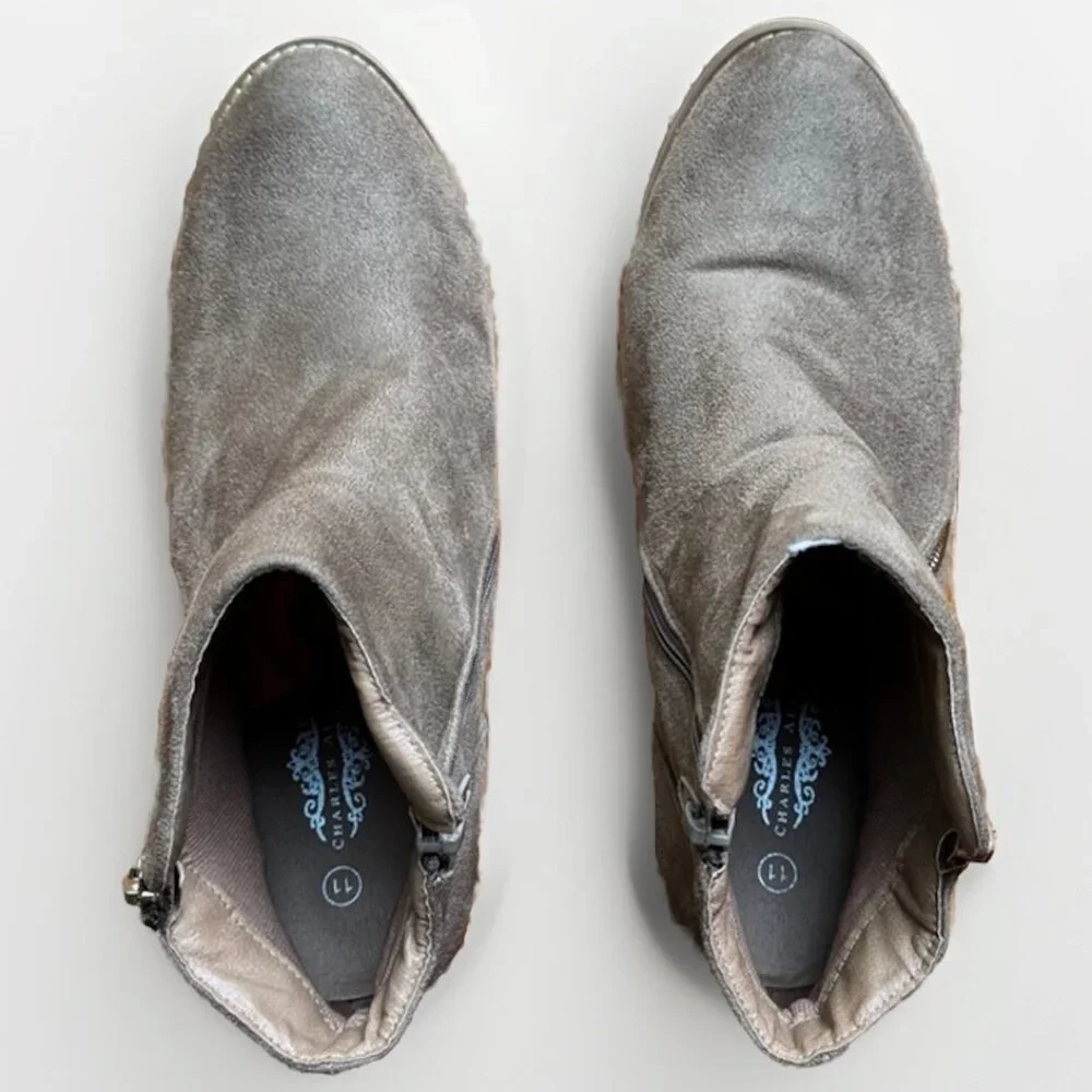 (11) CHARLES ALBERT Beige-Gray Vegan Suede Ankle Boots Zipper Closure & Accents